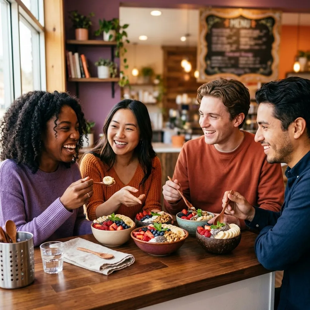 Ilustração de amigos dividindo tigelas de frutas com granola num balcão