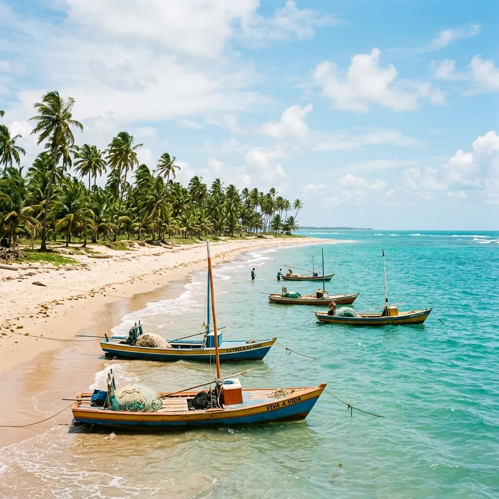 Praia tropical com coqueiros e barcos de pesca, ilustração de apoio sobre a viagem do sorteio