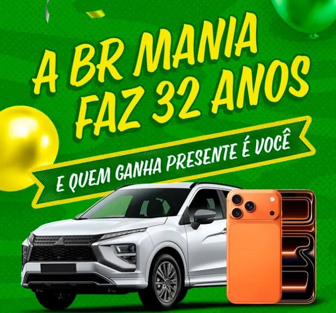 Arte da campanha de 32 anos da BR Mania com o carro e o iPhone