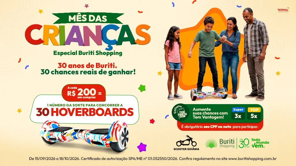 Arte oficial do Mês das Crianças do Buriti Shopping com o hoverboard e as regras de participação