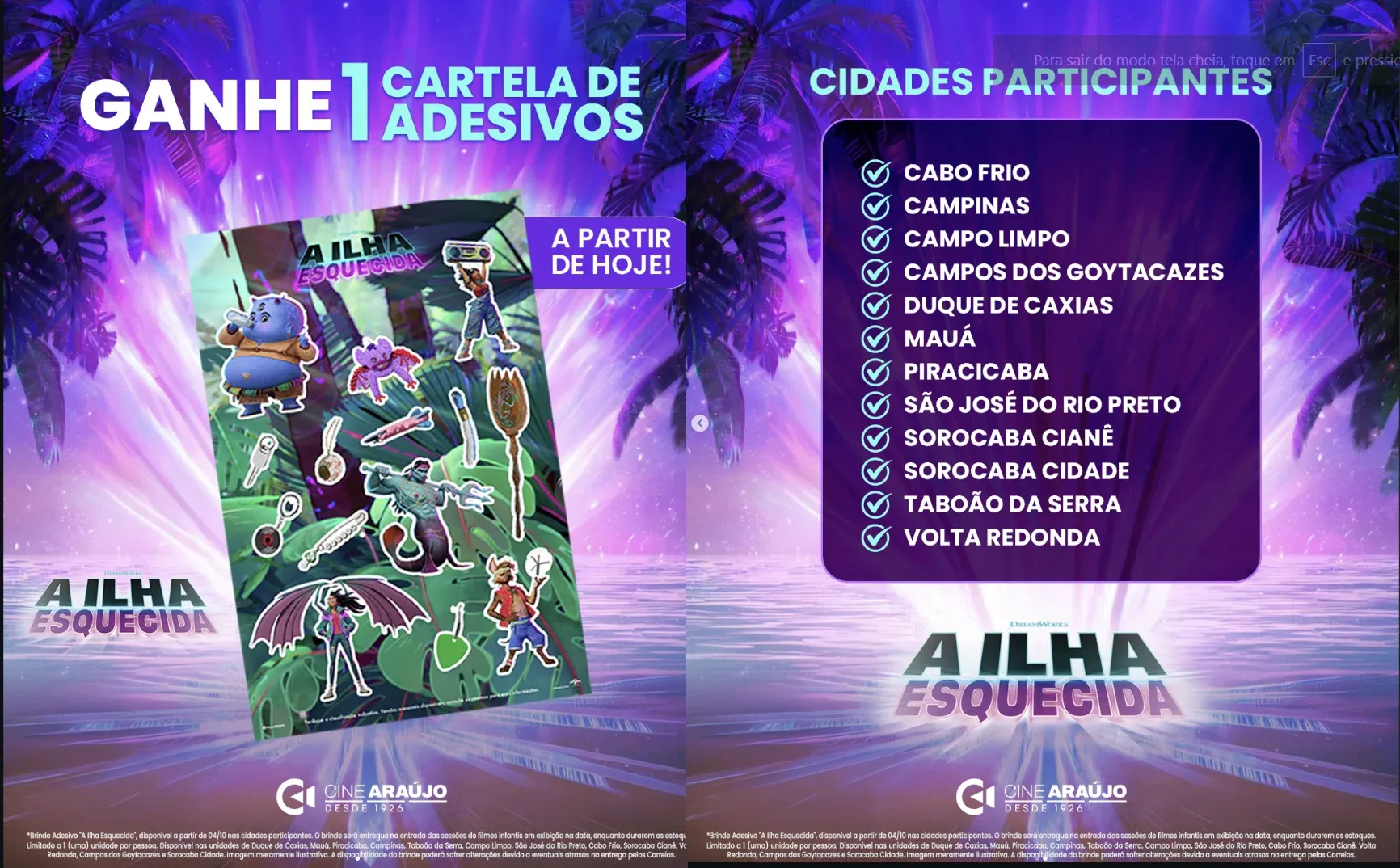 Compre e Ganhe: Promoção Cine Araújo: vá a uma sessão infantil e ganhe a cartela de adesivos de A Ilha Esquecida
