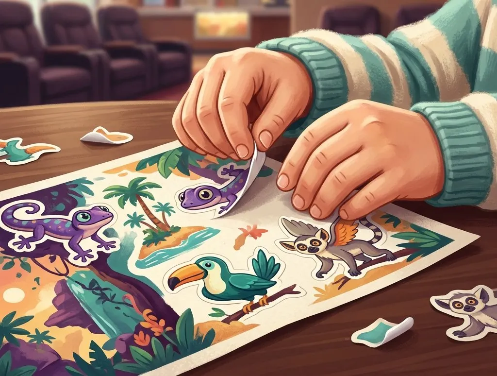 Ilustração: mãos descolando adesivos de criaturas de uma ilha tropical em uma mesa de cinema