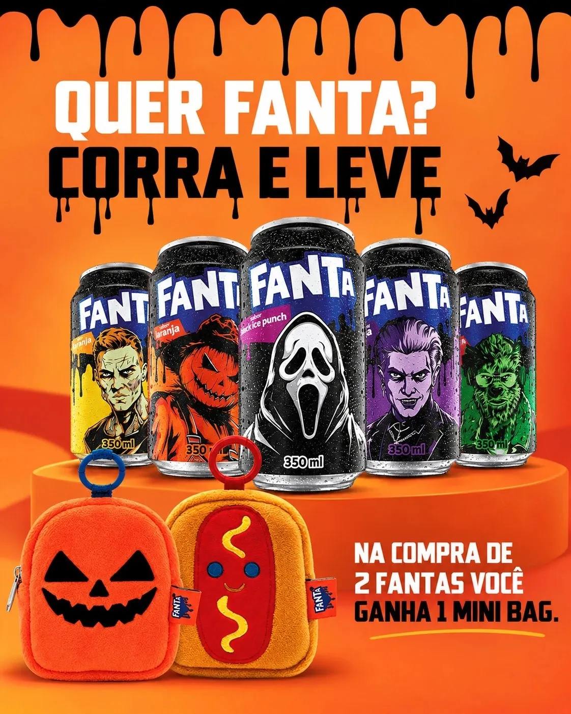 Cartaz da promoção Fanta Halloween mostrando as latas Ghostface Punch e as duas mini bags