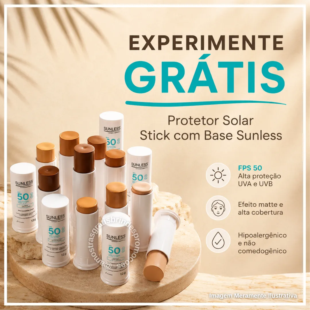 Amostra Grátis: Amostra Grátis Sunless: teste o protetor solar stick FPS 50 com base matte