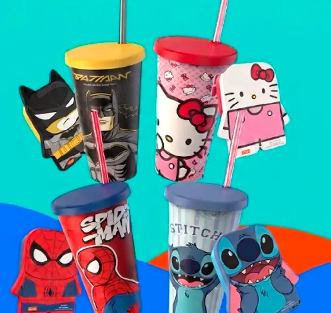 Copos com tampa e canudo e potes toy do Batman, Hello Kitty, Spider-Man e Stitch distribuídos pelas Lojas Torra