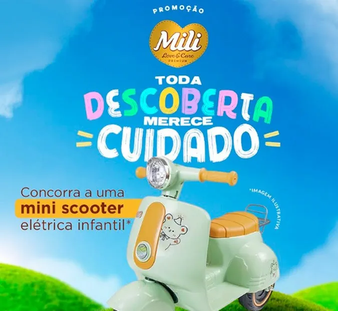 Arte da promoção Toda Descoberta Merece Cuidado da Mili com a mini scooter elétrica