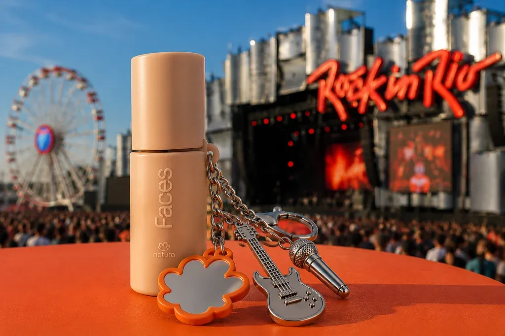 Maquiagem Faces da Natura em formato de chaveiro para o Rock in Rio 2026