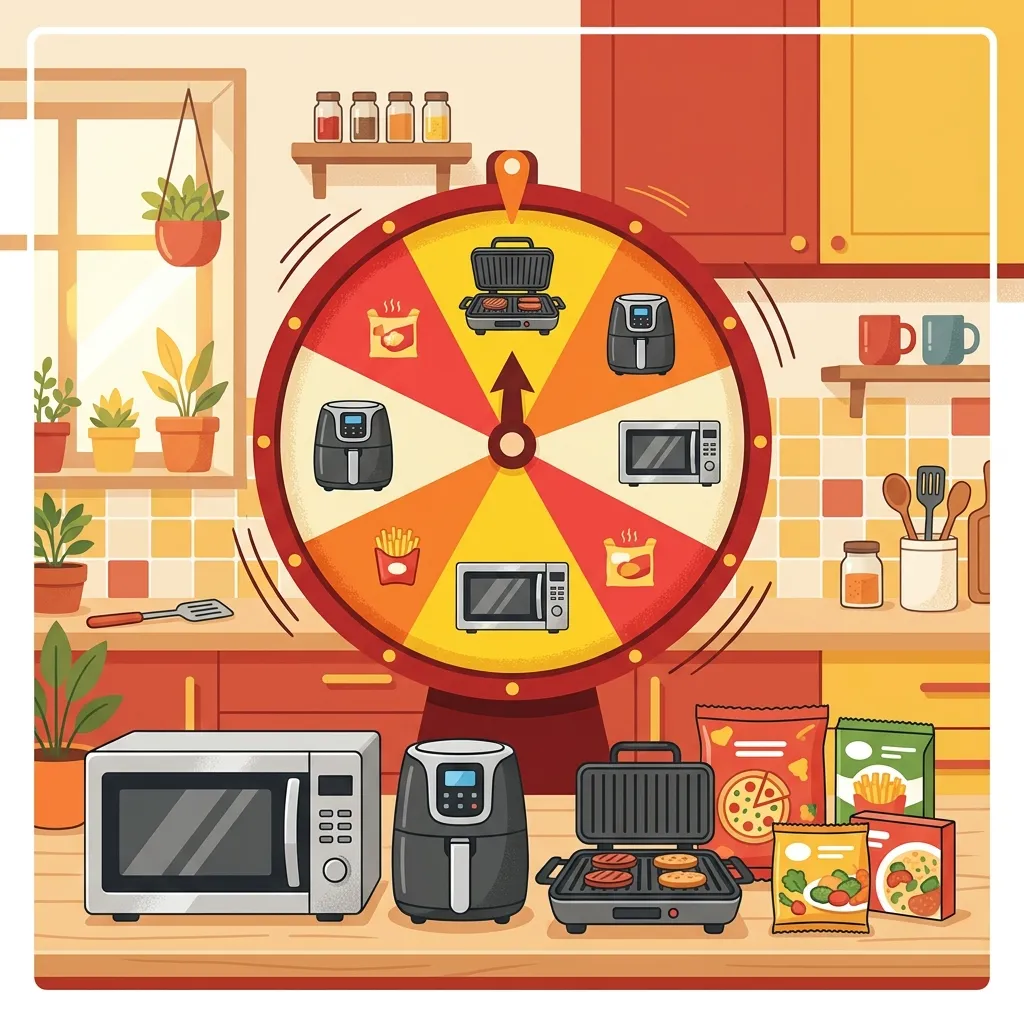 Ilustração: roleta de prêmios com micro-ondas, air fryer e grill da promoção Seara