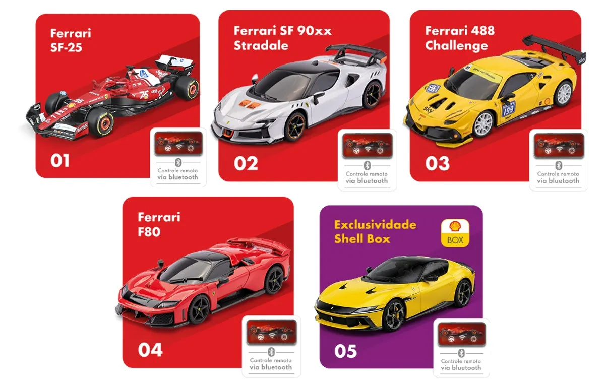 As cinco miniaturas Ferrari da coleção Lendas Colecionáveis Shell 2026